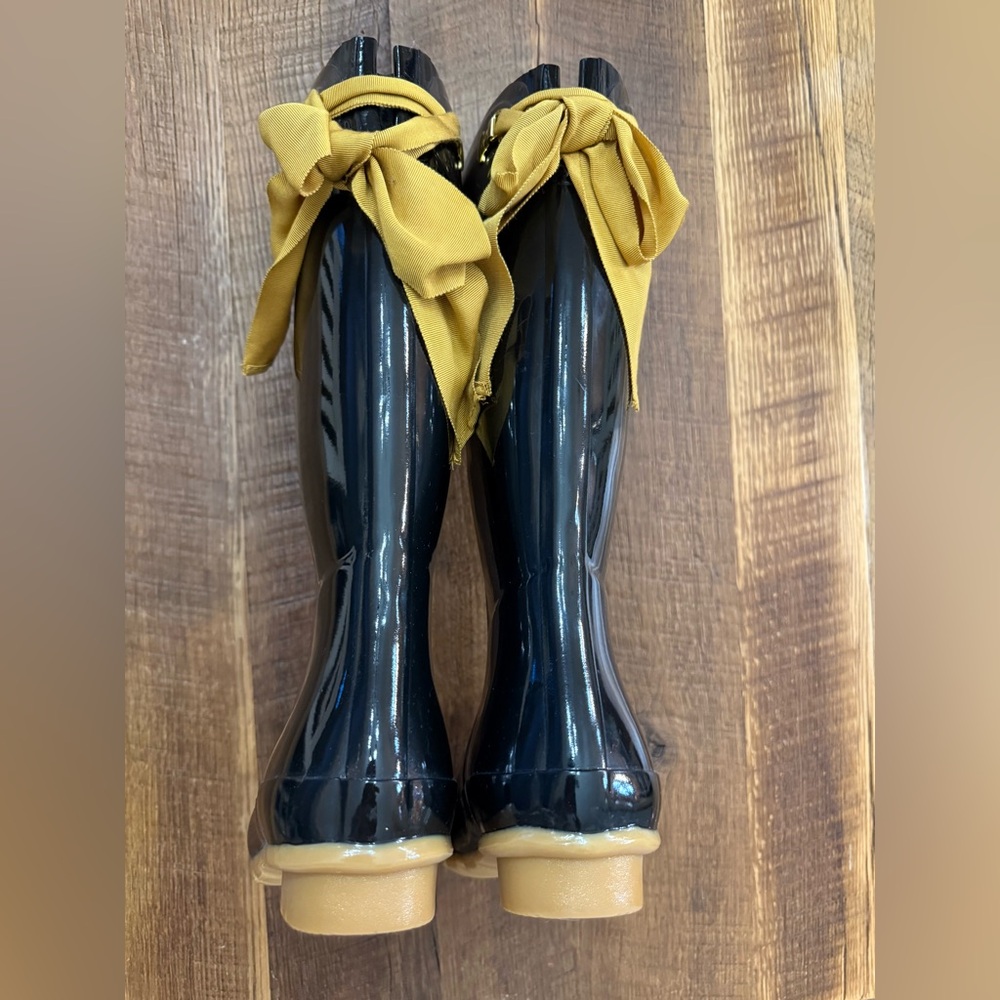 Brand New! Joules Evedon Stylish Black & Brown Rain Boots with Gold Bows sz 7/38
